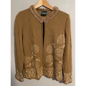 Vintage Geiger Cardigan Womens Small Brown Wool Fur Trim Embroidered Floral